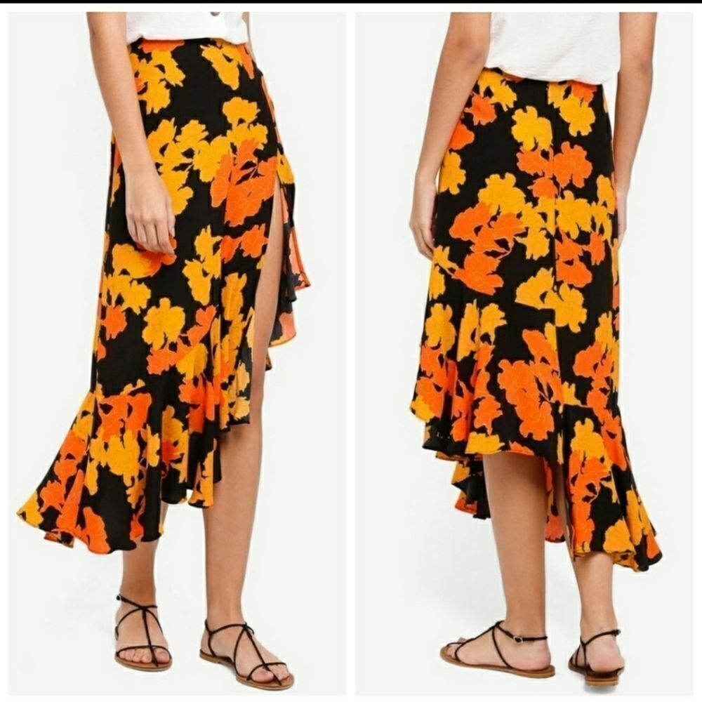 NEW TOPSHOP skirt linear orange floral wrap midi 8 - Picture 9 of 9